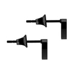 Ein Paar LIEBESKIND BERLIN Ohrstecker - The Geometric von Liebeskind Berlin, gefertigt aus schwarzem Edelstahl mit Schmetterlingsrückseite, nebeneinander auf weißem Hintergrund.