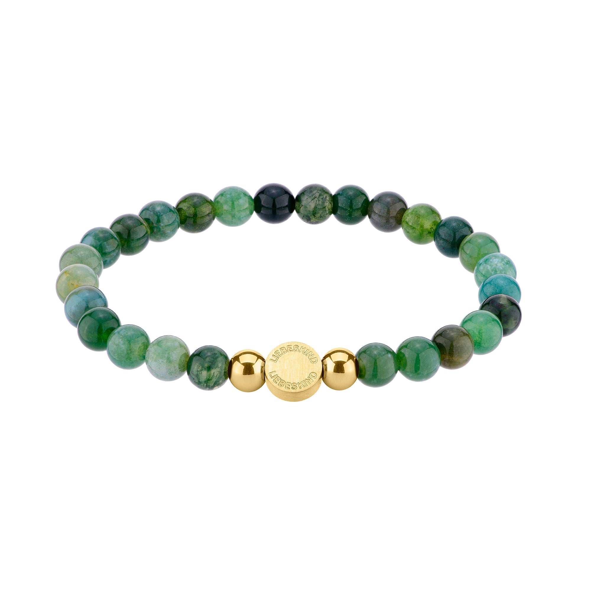 Das LIEBESKIND BERLIN Set - Golden Green von Liebeskind Berlin besteht aus einem elastischen Armband mit grünen Perlen, einer runden goldenen Mittelperle und zwei kleineren goldenen Perlen, inspiriert von den eleganten Uhrendesigns der Marke.