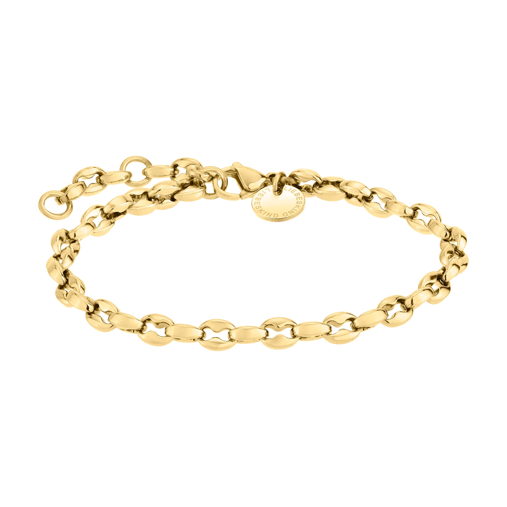 Das LIEBESKIND BERLIN Set - Gold Chic besteht aus einem goldenen Kettenarmband mit runden Gliedern und einem kleinen, kreisförmigen Anhänger in der Nähe des Verschlusses. Es ist ideal, um es mit Ihrer Lieblingsuhr von Liebeskind Berlin zu kombinieren oder als Teil eines eleganten Accessoire-Sets.