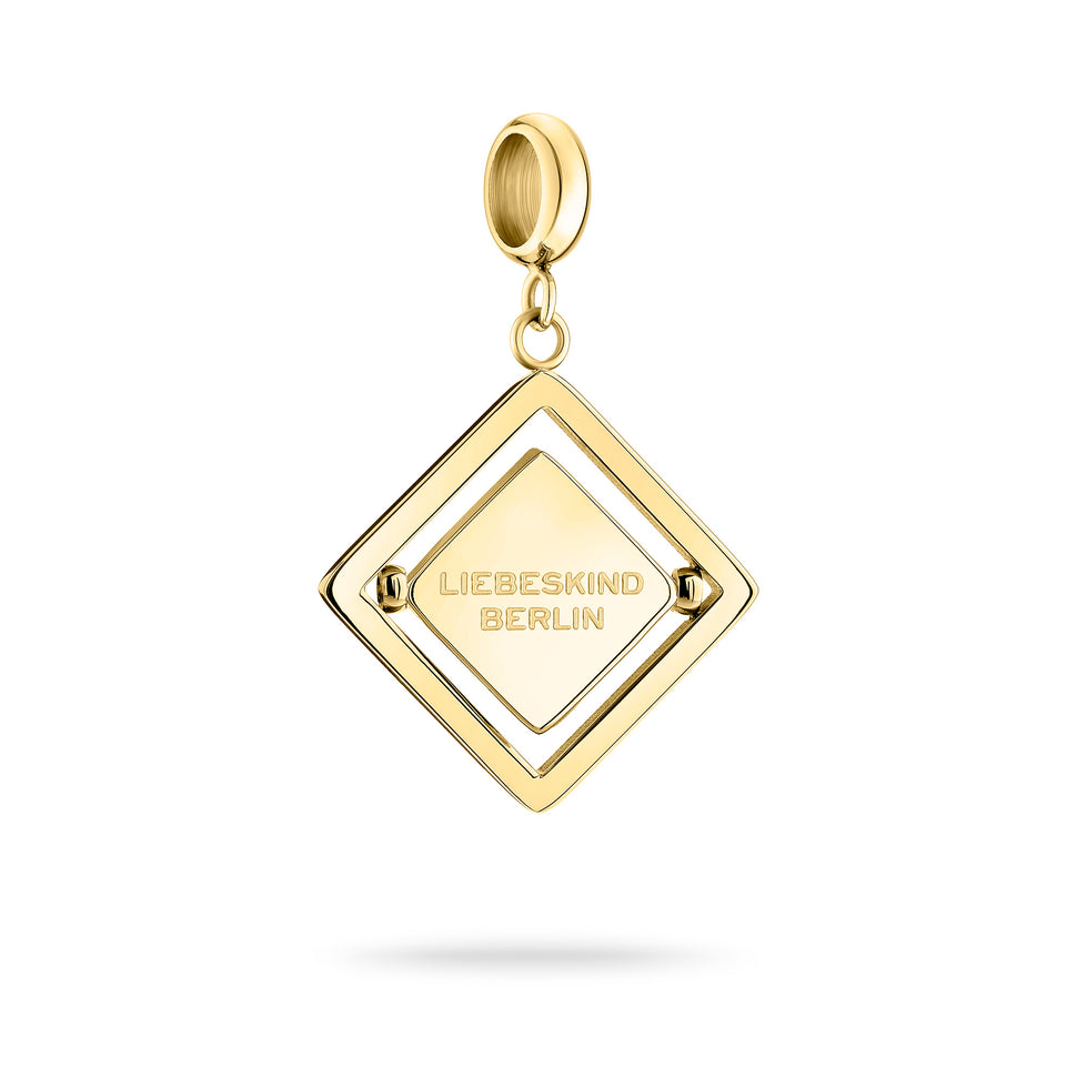 Goldener Liebeskind Berlin Charm mit drehbarem Plättchen, graviertem Wassermann-Zodiac-Symbol auf der einen und Logoschriftzug auf der anderen Seite; Produktbild