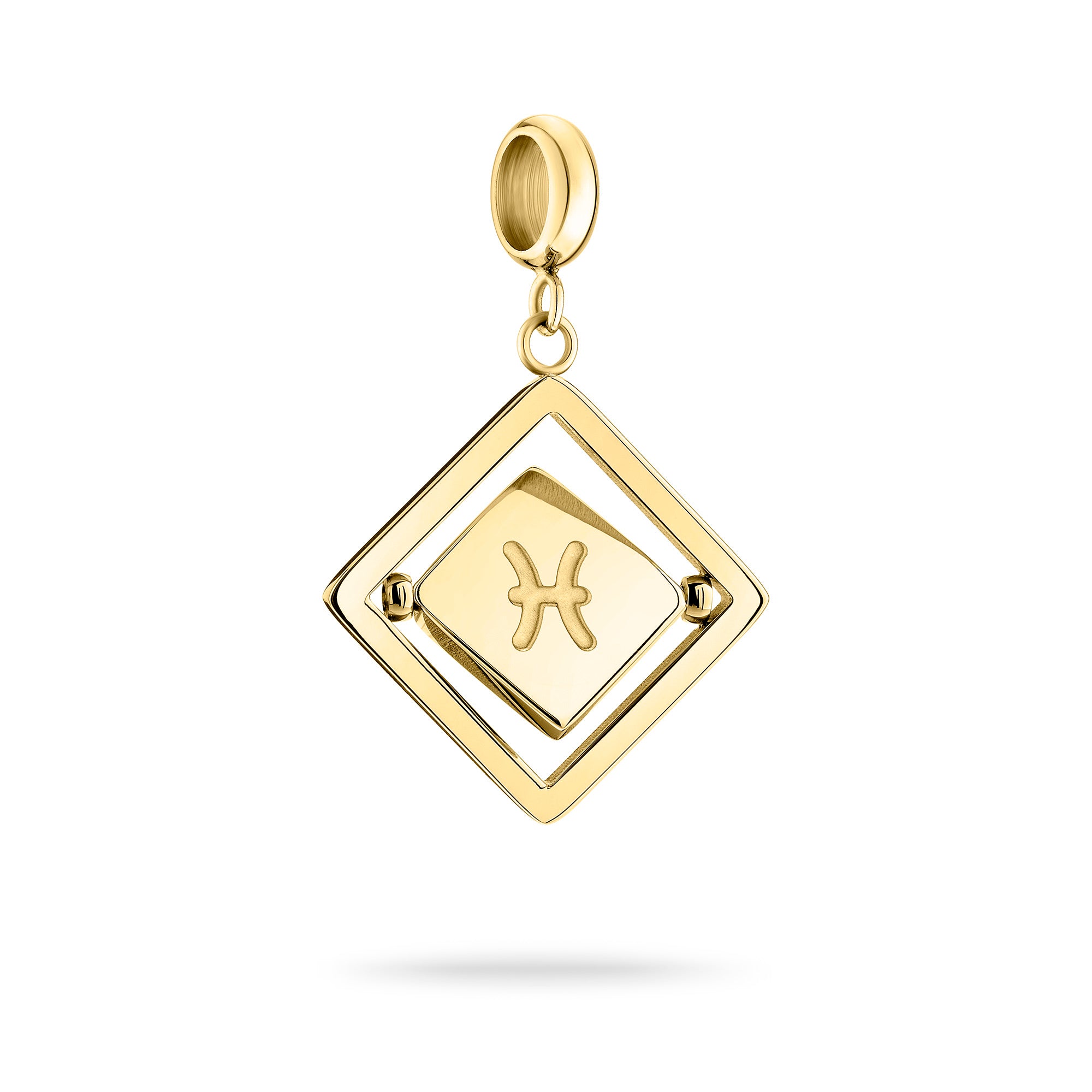 Goldener Liebeskind Berlin Charm mit drehbarem Plättchen, graviertem Fische-Zodiac-Symbol auf der einen und Logoschriftzug auf der anderen Seite; Produktbild