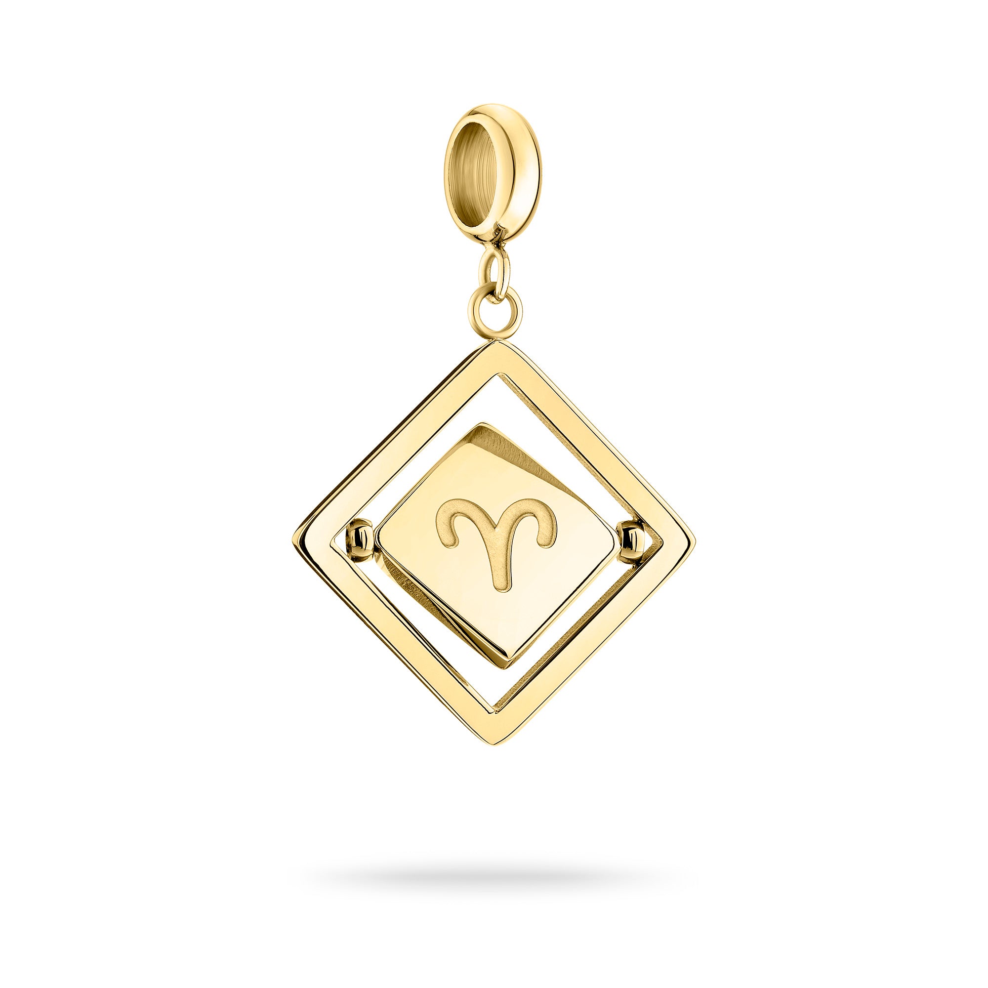 Goldener Liebeskind Berlin Charm mit drehbarem Plättchen, graviertem Widder-Zodiac-Symbol auf der einen und Logoschriftzug auf der anderen Seite; Produktbild