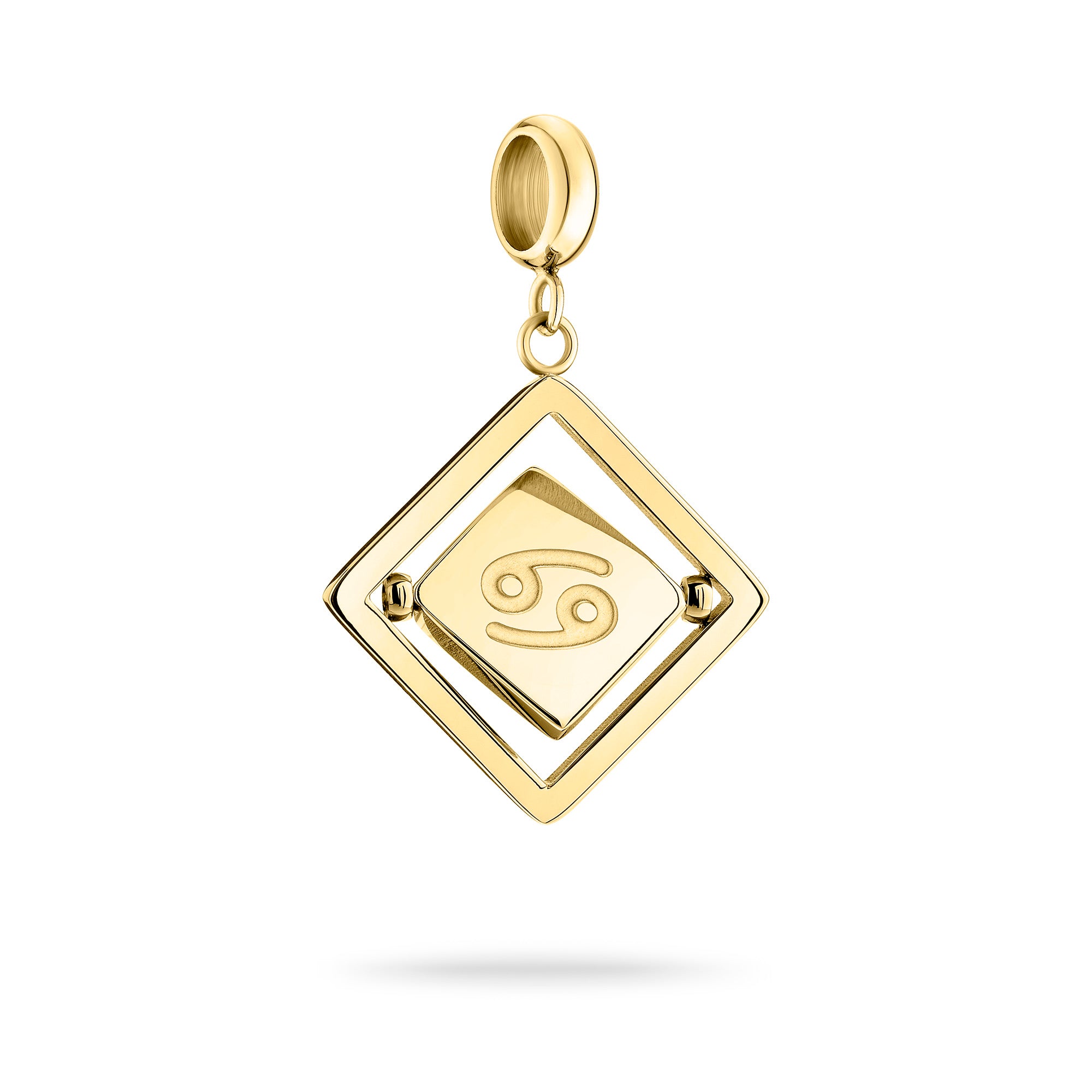 Goldener Liebeskind Berlin Charm mit drehbarem Plättchen, graviertem Krebs-Zodiac-Symbol auf der einen und Logoschriftzug auf der anderen Seite; Produktbild