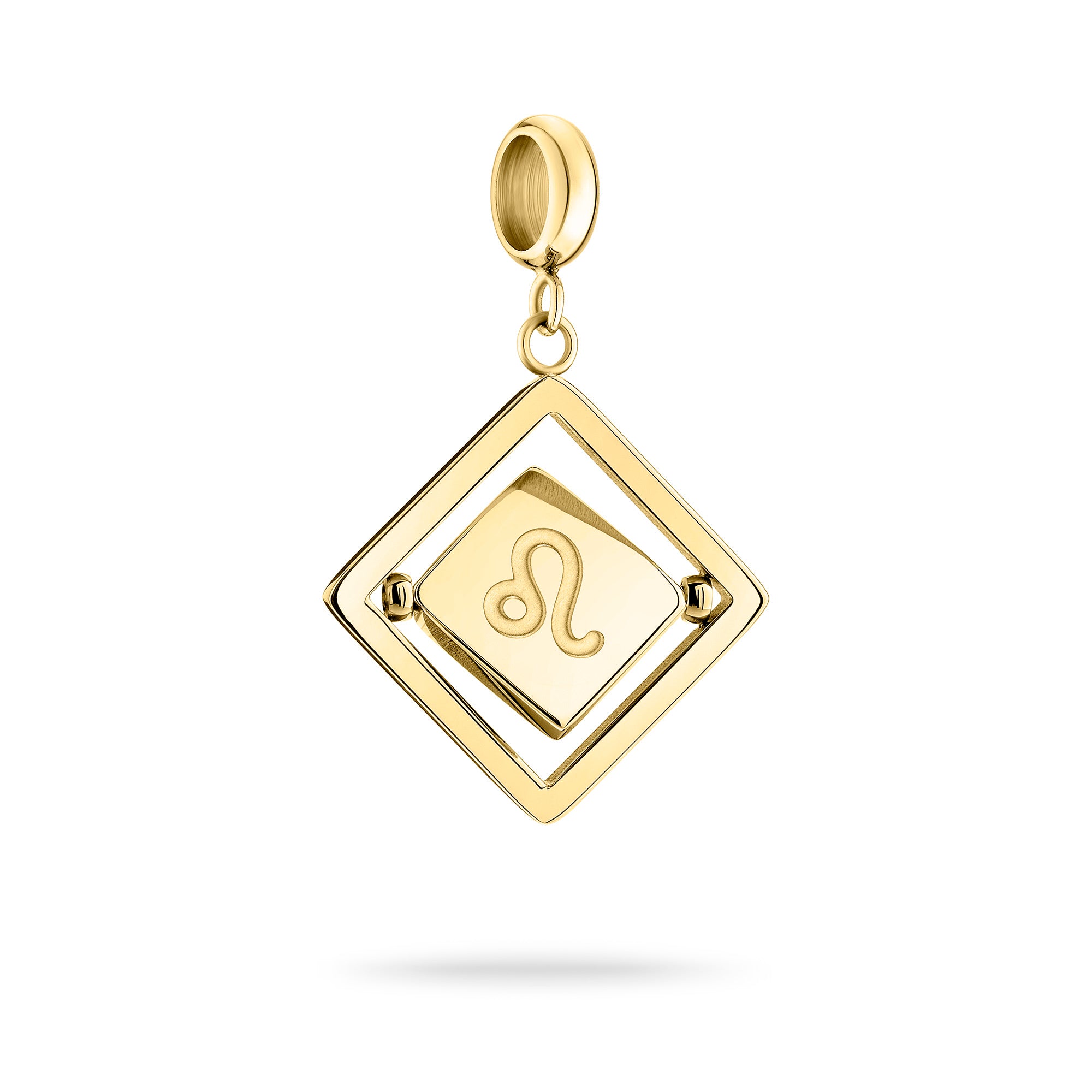 Goldener Liebeskind Berlin Charm mit drehbarem Plättchen, graviertem Löwe-Zodiac-Symbol auf der einen und Logoschriftzug auf der anderen Seite; Produktbild