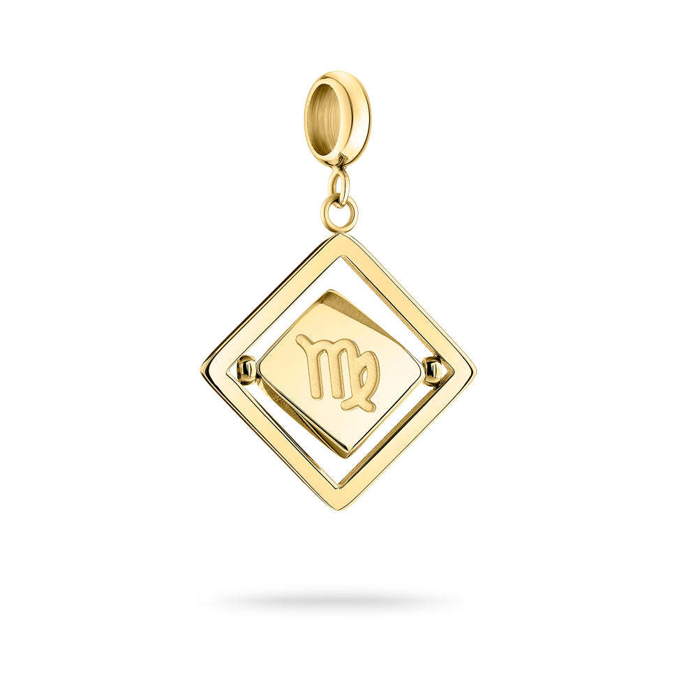 Goldener Liebeskind Berlin Charm mit drehbarem Plättchen, graviertem Jungfrau-Zodiac-Symbol auf der einen und Logoschriftzug auf der anderen Seite; Produktbild