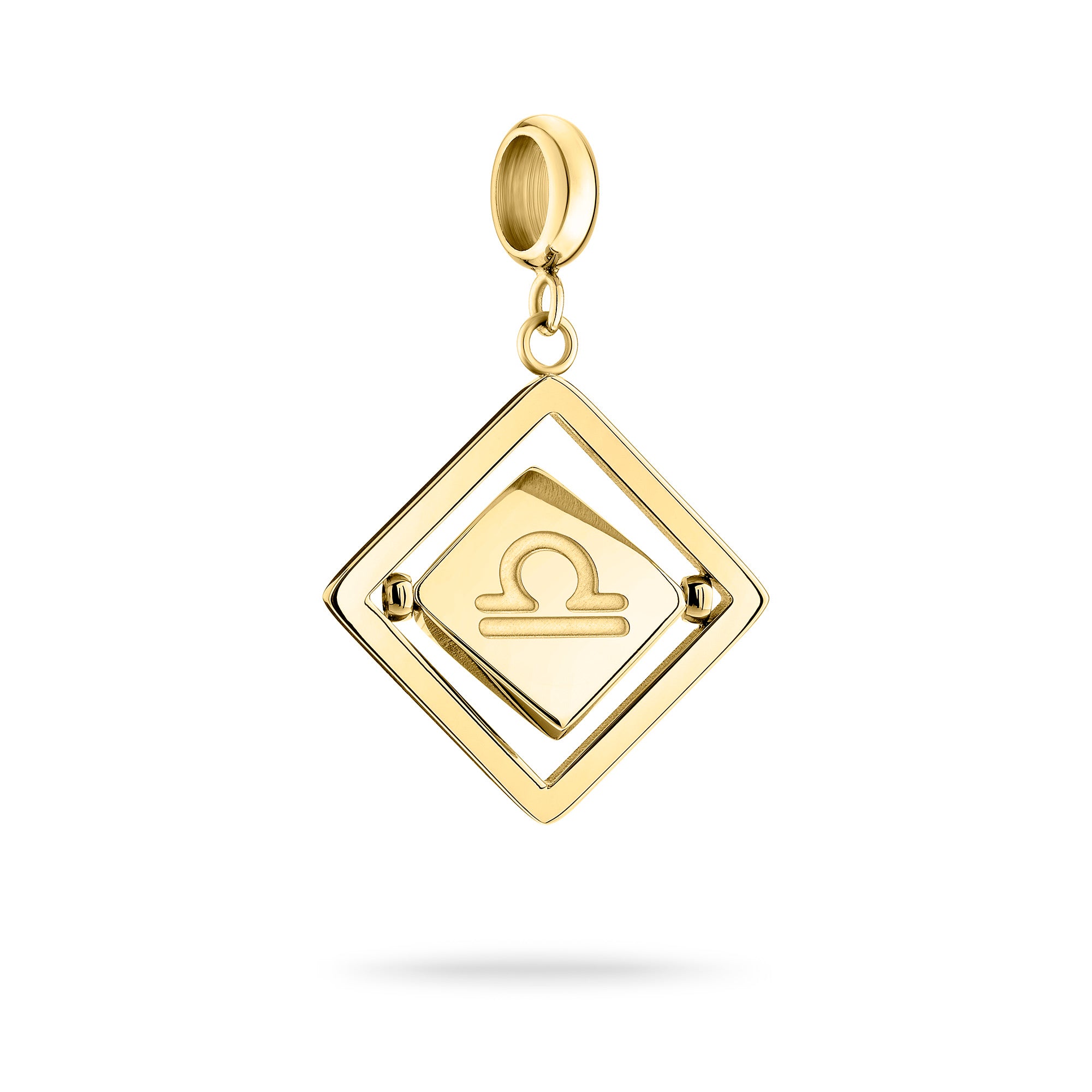 Goldener Liebeskind Berlin Charm mit drehbarem Plättchen, graviertem Waage-Zodiac-Symbol auf der einen und Logoschriftzug auf der anderen Seite; Produktbild