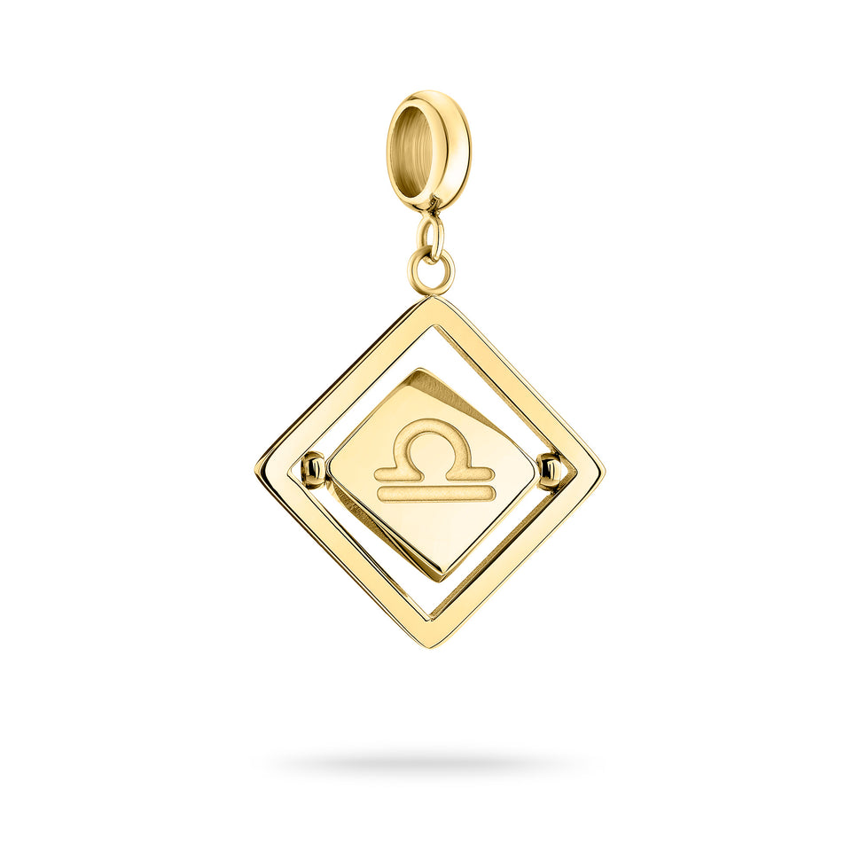 Goldener Liebeskind Berlin Charm mit drehbarem Plättchen, graviertem Waage-Zodiac-Symbol auf der einen und Logoschriftzug auf der anderen Seite; Produktbild