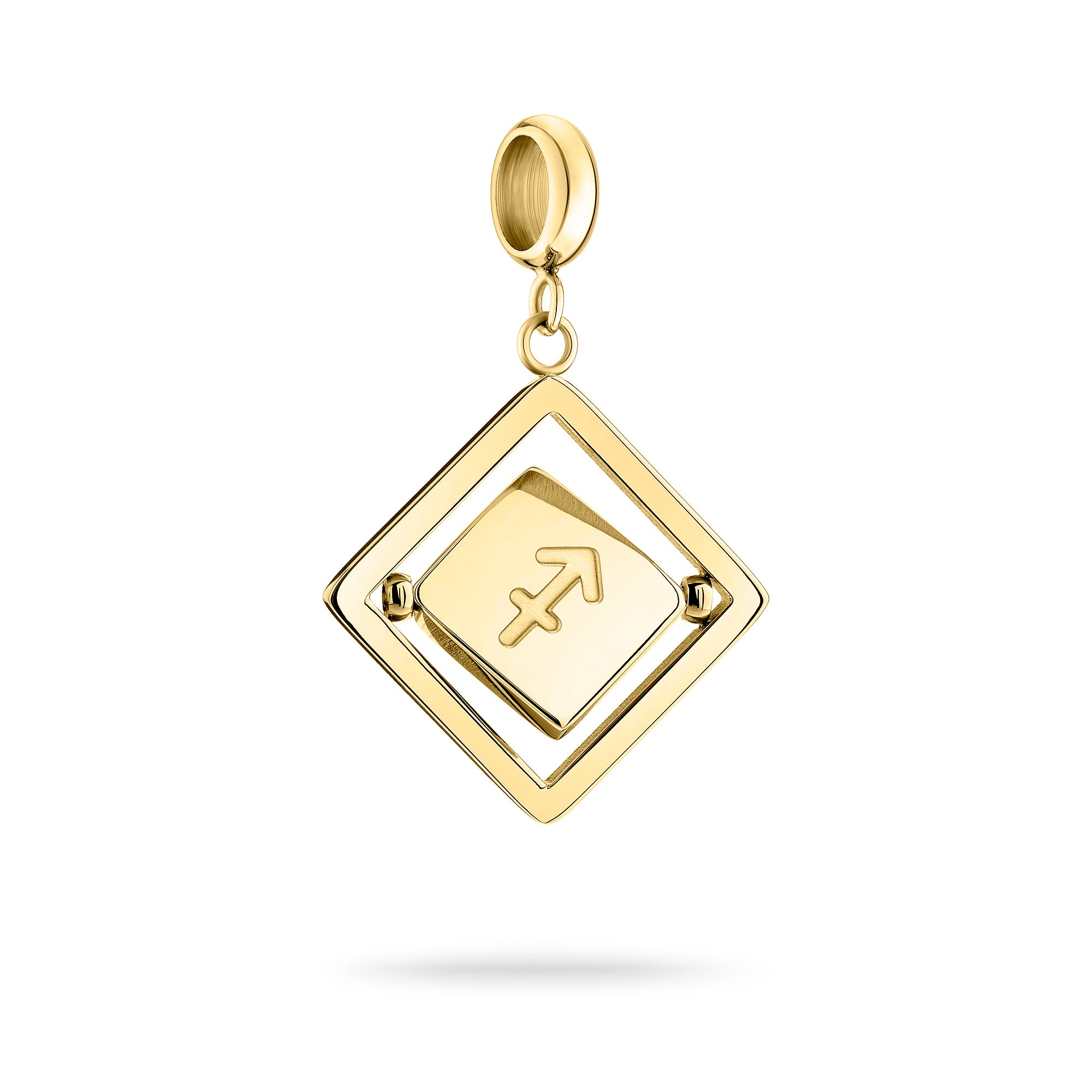 Goldener Liebeskind Berlin Charm mit drehbarem Plättchen, graviertem Schütze-Zodiac-Symbol auf der einen und Logoschriftzug auf der anderen Seite; Produktbild