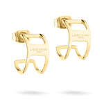 LIEBESKIND BERLIN Creole - Die offenen Ohrringe Secure Tag gold aus Edelstahl mit modernem, geometrischem Design auf weißem Hintergrund.