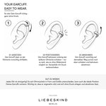 Schritt-für-Schritt-Anleitung zum richtigen Anlegen eines LIEBESKIND BERLIN Earcuffs. Drei schwarz-weiße Illustrationen zeigen, wie der Ear Cuff ohne Ohrloch vorsichtig an der oberen Ohrkante angesetzt, entlang der Ohrmuschel positioniert und wieder abgenommen wird.
