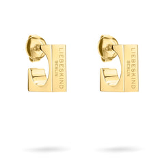 LIEBESKIND BERLIN Creole - Die Urban Chic Ohrringe von Liebeskind Berlin haben ein goldenes, quadratisches Design mit eingravierten Details - ein Must-Have für jede Schmucksammlung. Präsentiert auf weißem Hintergrund.
