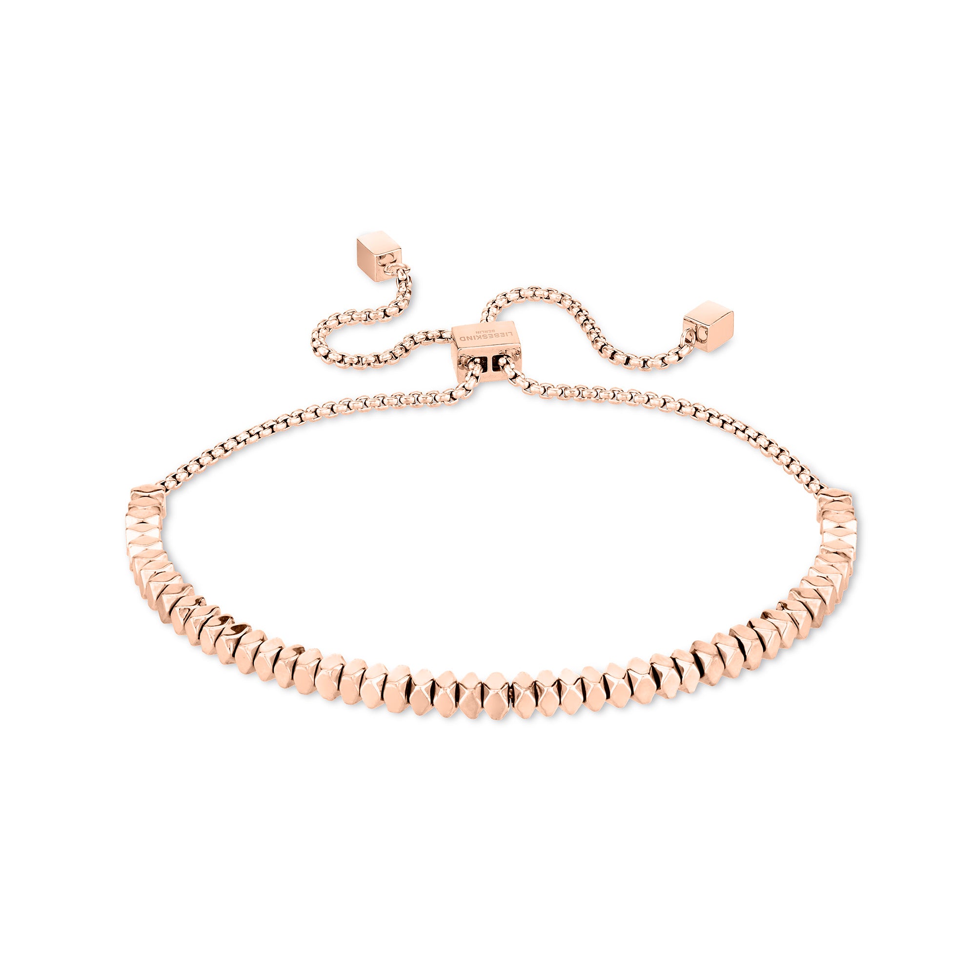 Liebeskind Berlin Armband bestehend aus einer roségoldenen Venezianerkette, roségoldenen Würfeln und einem Zugverschluss; Produktbild 