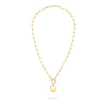 Die LIEBESKIND BERLIN Halskette - The T-Bar Plate von Liebeskind Berlin besticht durch längliche Glieder, einen geometrischen Epoxyanhänger und einen stilvollen T-Bar-Verschluss auf weißem Hintergrund.