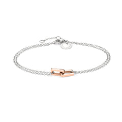 Das Liebeskind Berlin Armband - Mini Link besteht aus einer silbernen Kette mit zwei ineinandergreifenden rechteckigen Anhängern in Roségold und einem runden Anhänger in der Nähe des Verschlusses.