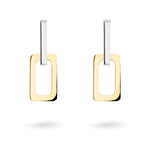 moderne Ohrstecker in rechteckiger Gliederform, silberfarbenen oberen und goldfarbenen unteren Teil. Seitenansicht