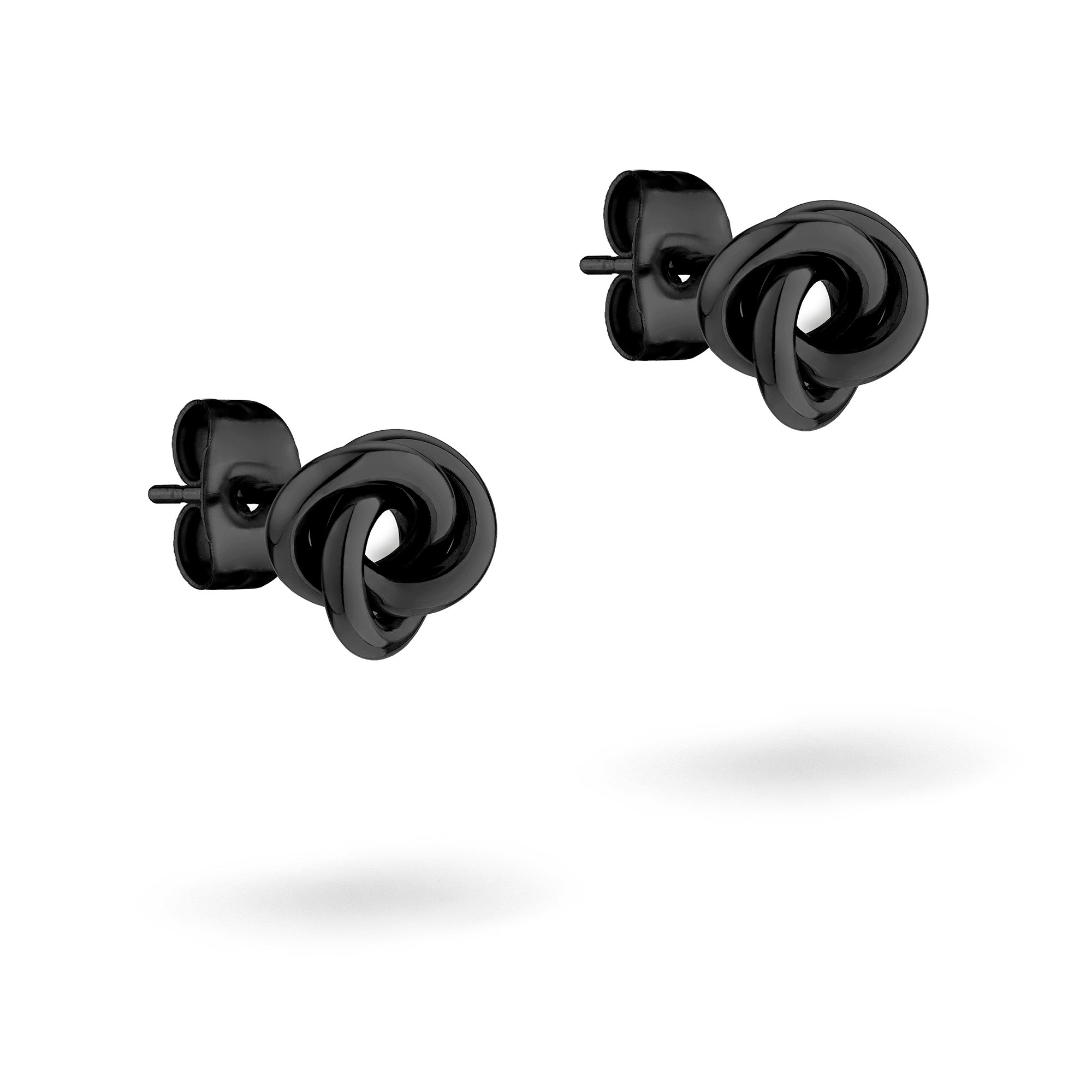 LIEBESKIND BERLIN Ohrstecker - The Knot von Liebeskind Berlin, schwarze knotenförmige Edelstahl-Ohrringe, auf weißem Hintergrund präsentiert.