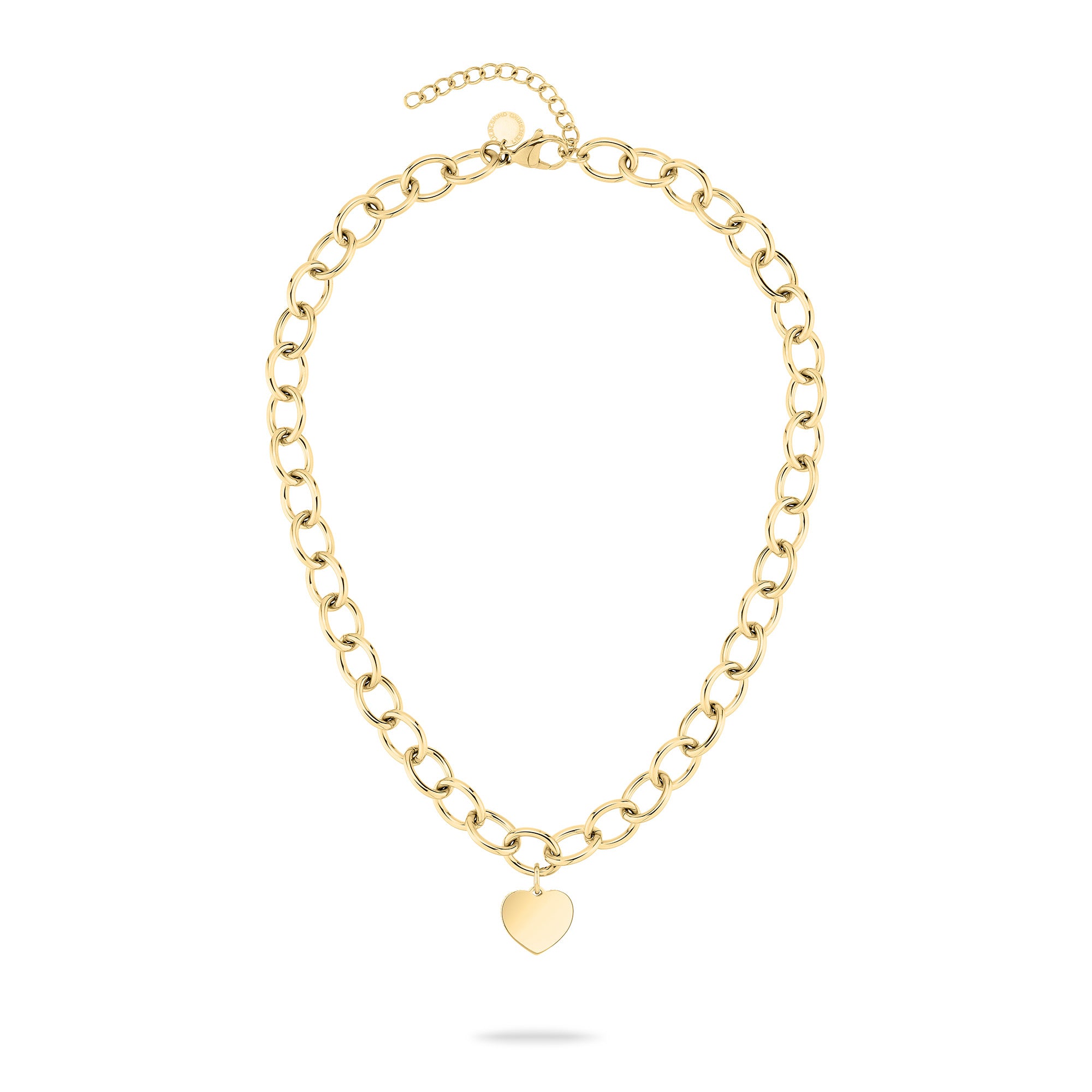 Die LIEBESKIND BERLIN Halskette - My Heart von Liebeskind Berlin besticht als goldene Edelstahlkette mit Herzanhänger, stilvoll auf weißem Hintergrund präsentiert.