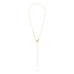 LIEBESKIND BERLIN Halskette - Stahlkugel von Liebeskind Berlin: Zarte goldene Y-Kette mit verstellbarer Schiebeperle und zwei minimalistischen baumelnden Enden, dargestellt auf weißem Hintergrund.