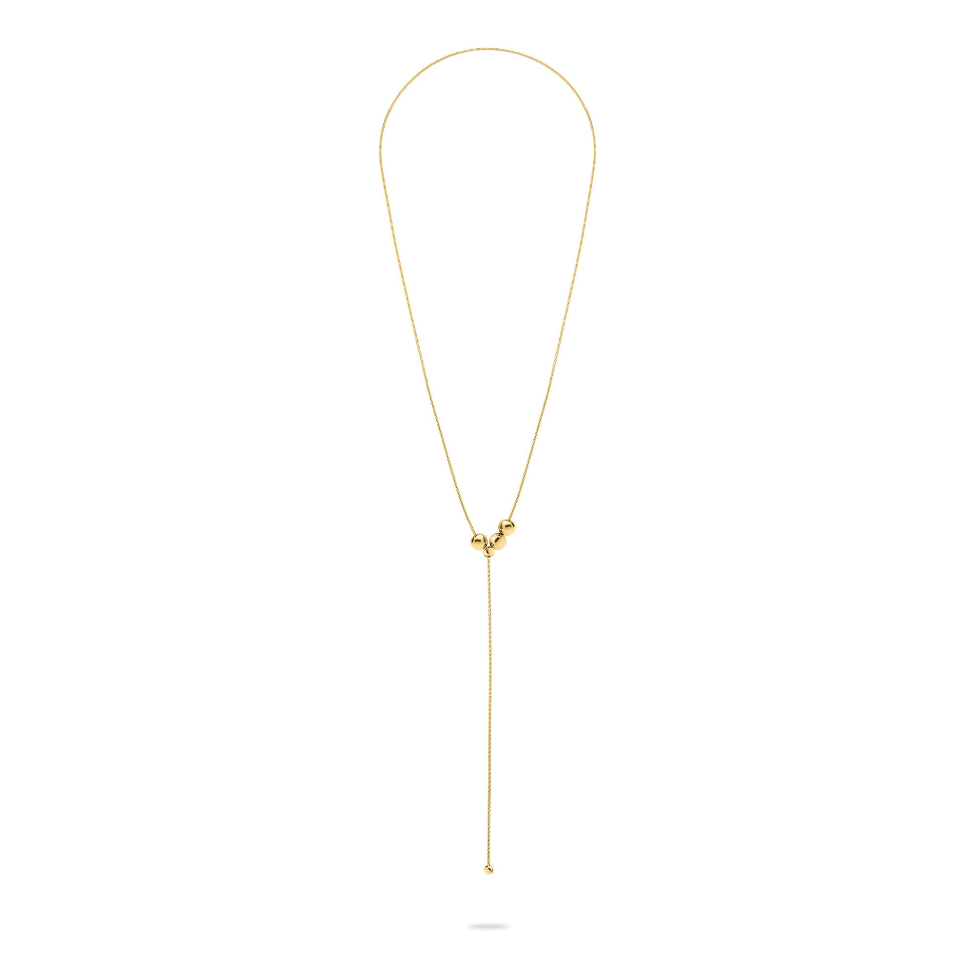 LIEBESKIND BERLIN Halskette - Stahlkugel von Liebeskind Berlin: Zarte goldene Y-Kette mit verstellbarer Schiebeperle und zwei minimalistischen baumelnden Enden, dargestellt auf weißem Hintergrund.