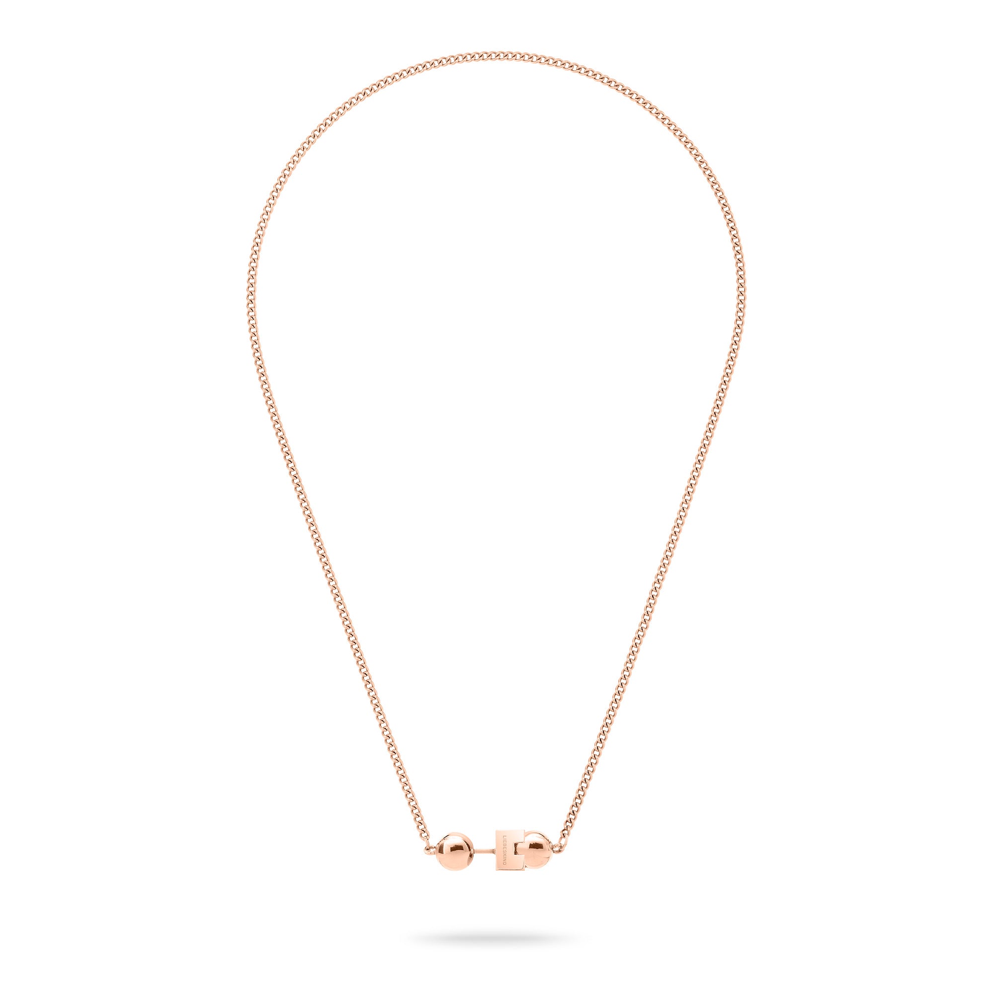 Die LIEBESKIND BERLIN Halskette - Steel Ball von Liebeskind Berlin in Roségold mit rundem und kubischem Verschluss auf weißem Hintergrund - ein Beispiel für minimalistisches Design.