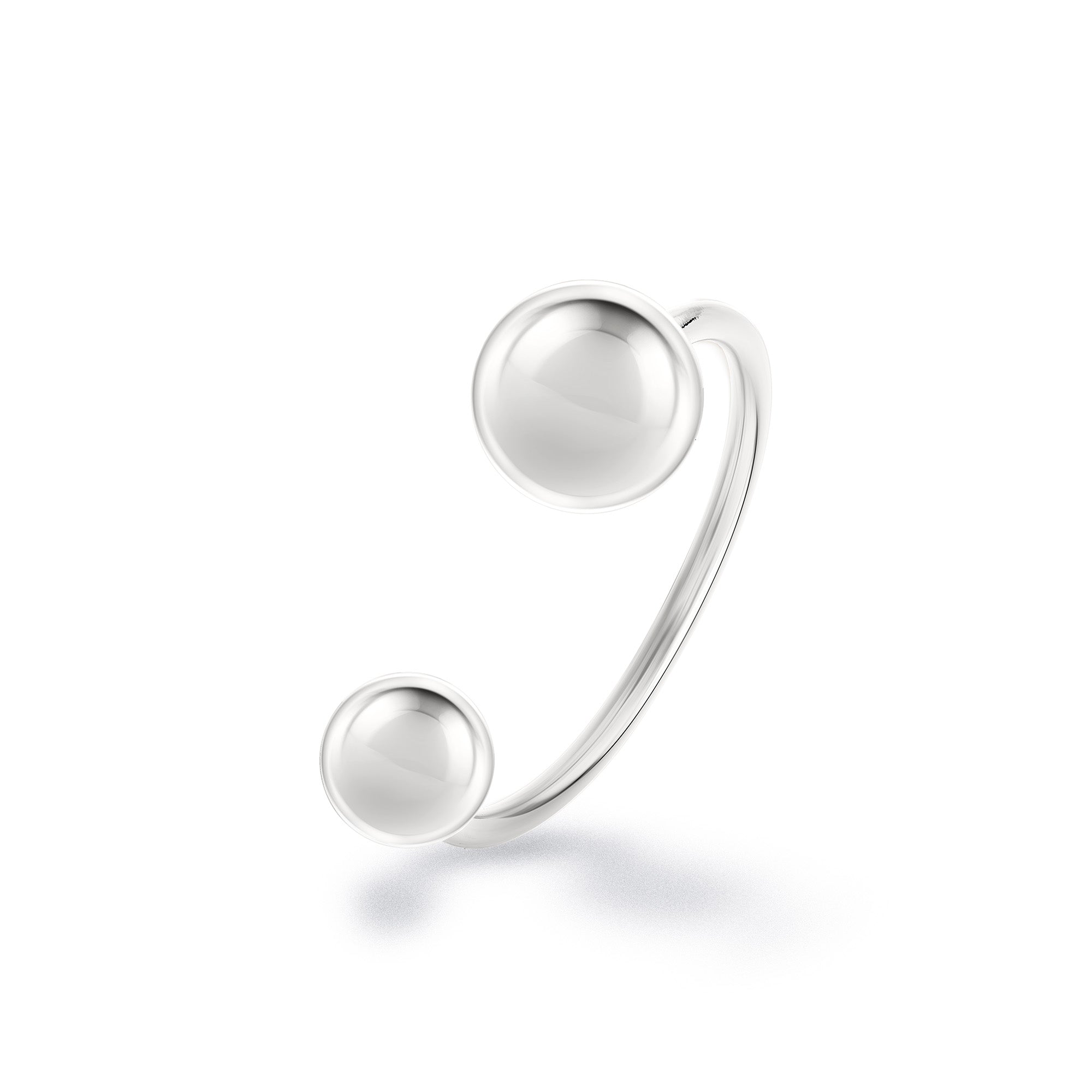 Der LIEBESKIND BERLIN Ring - Steel Ball von Liebeskind Berlin ist ein minimalistischer offener Ring mit zwei runden Perlen an den Enden, präsentiert vor weißem Hintergrund - ideal für Fans modernen Designs.