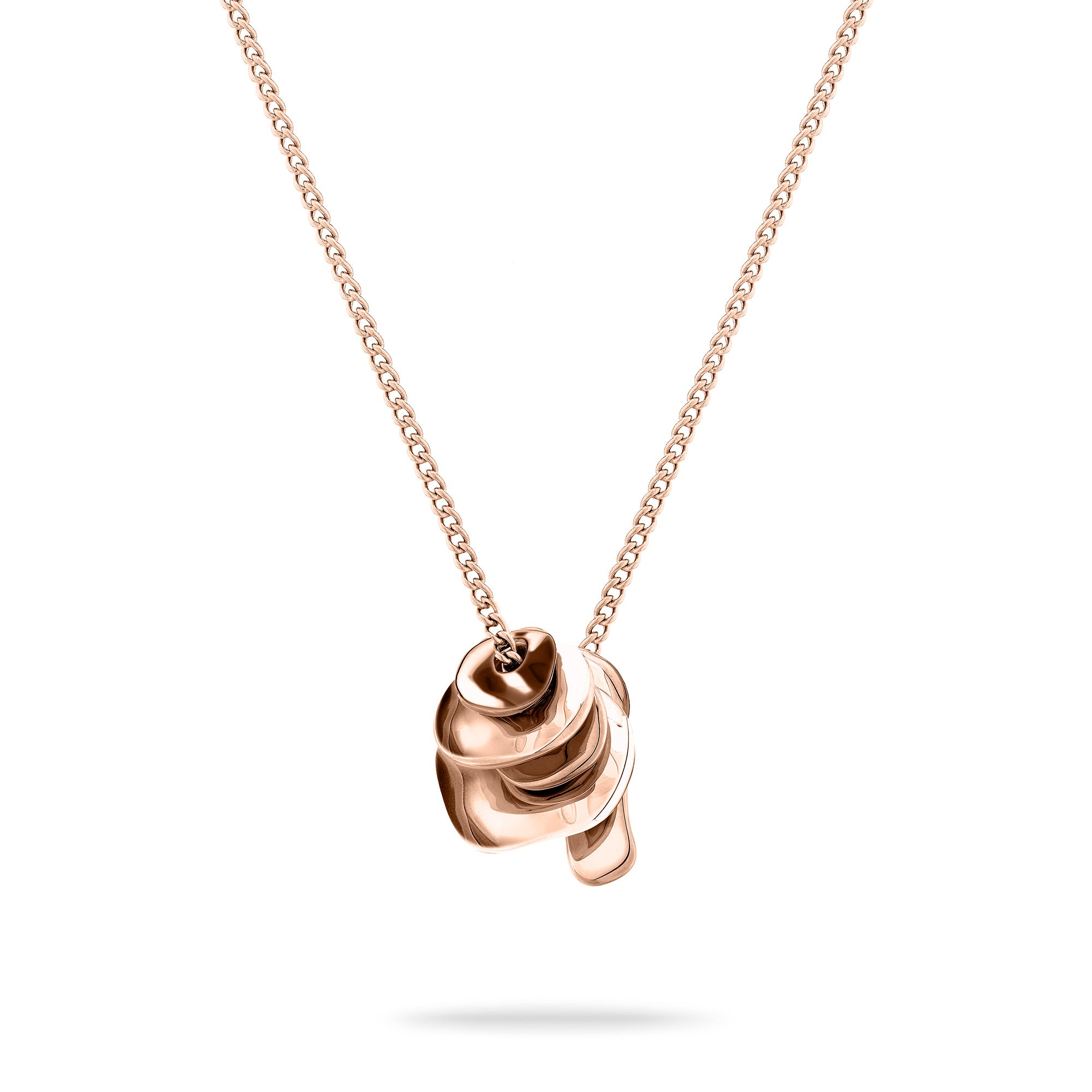LIEBESKIND BERLIN Halskette - Organic Shapes von Liebeskind Berlin zeigt einen abstrakten, ineinandergreifenden Schlaufenanhänger in Roségold an einer feinen Kette, die sich mittig vor einem weißen Hintergrund abzeichnet.