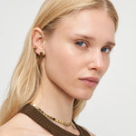 Eine Frau mit glattem blondem Haar trägt Liebeskind Berlin Ohrring - Plates und eine goldene Halskette, die einen architektonischen Look kanalisiert, während sie selbstbewusst in die Kamera blickt.