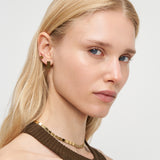 Eine Frau mit glattem blondem Haar trägt Liebeskind Berlin Ohrring - Plates und eine goldene Halskette, die einen architektonischen Look kanalisiert, während sie selbstbewusst in die Kamera blickt.