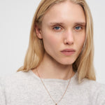 Eine Frau mit langen blonden Haaren und einem hellen Pullover trägt die Liebeskind Berlin Halskette - Broken Heart und schaut in die Kamera.
