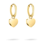 Goldfarbene Ohrringe mit baumelnden Herzanhängern in einem zeitlosen Stil. Abgebildet vor weißem Hintergrund. Produkt: Liebeskind Berlin Ohrring - My Heart von Liebeskind Berlin.