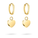 Liebeskind Berlin Ohrring - Mein Herz: Gold Creolen mit abnehmbaren Herzanhänger aus hochwertigem Edelstahl, stilvoll präsentiert vor weißem Hintergrund.
