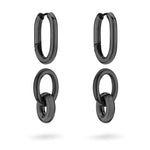 Vier schwarze Liebeskind Berlin Ohrring - Modern Knot Ohrringe, zwei schlichte und zwei mit doppelten baumelnden Knoten, bilden ein zeitloses Accessoire vor weißem Hintergrund.