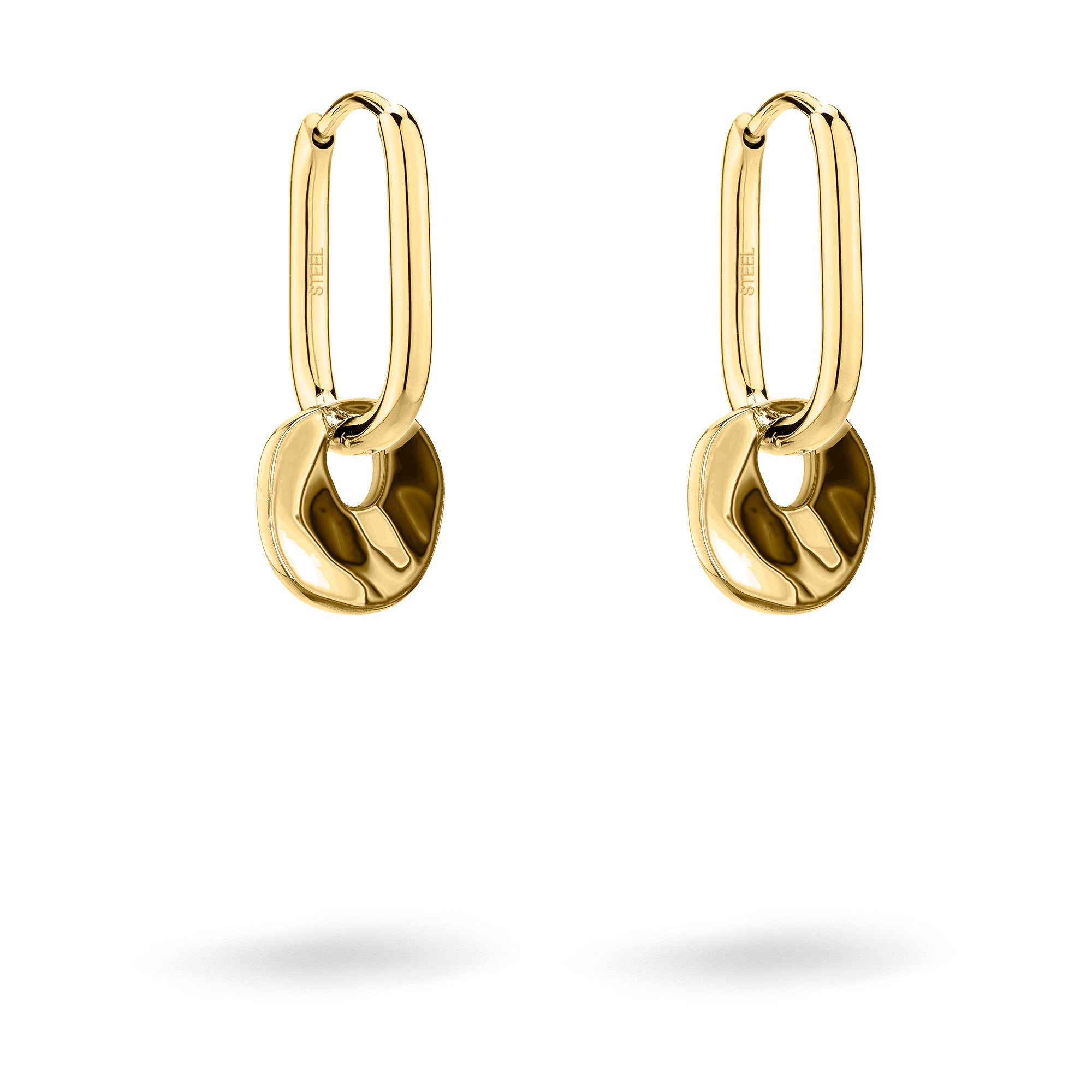 Die Liebeskind Berlin Ohrring - Organic Shapes sind moderne goldene Tropfenohrringe mit ovalen Bügeln und organisch geformten Plättchen, ein stilvolles Accessoire von Liebeskind Berlin, abgebildet auf weißem Hintergrund.