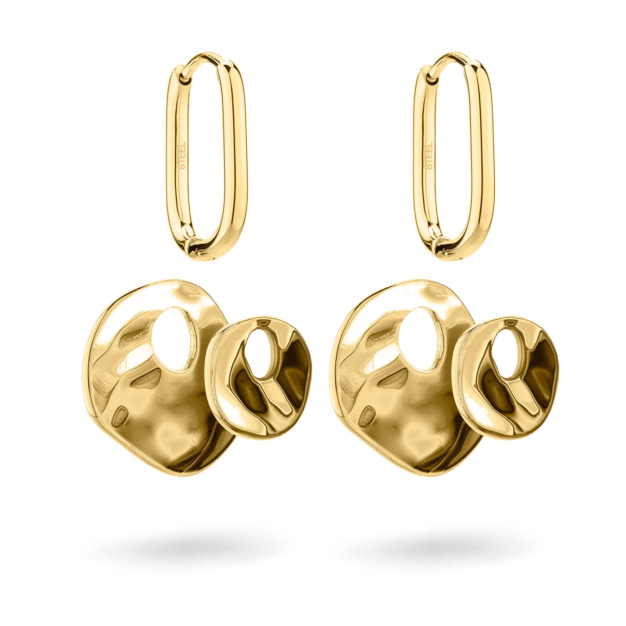 Der Liebeskind Berlin Ohrring - Organic Shapes von Liebeskind Berlin besteht aus abstrakten goldenen Tropfenohrringen mit ovalen Reifen und skulpturalen, organischen Anhängern, die sie zu einem modernen Accessoire auf weißem Grund machen.