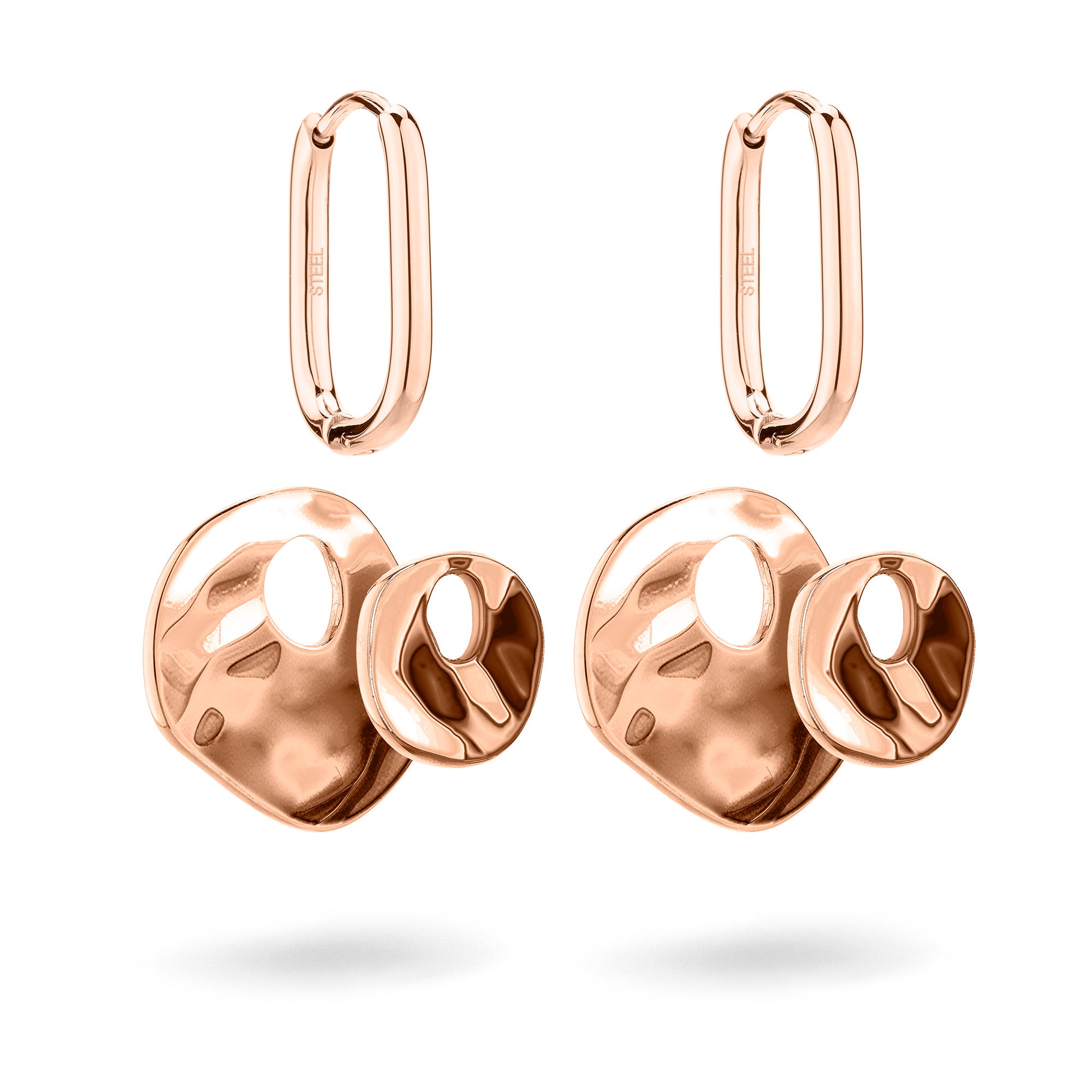 Die roségoldenen Liebeskind Berlin Ohrring - Organic Shapes Ohrringe zeigen unregelmäßige, skulpturale Tropfen auf ovalen Reifen - ein modernes Accessoire von Liebeskind Berlin, das sich vor einem weißen Hintergrund präsentiert.