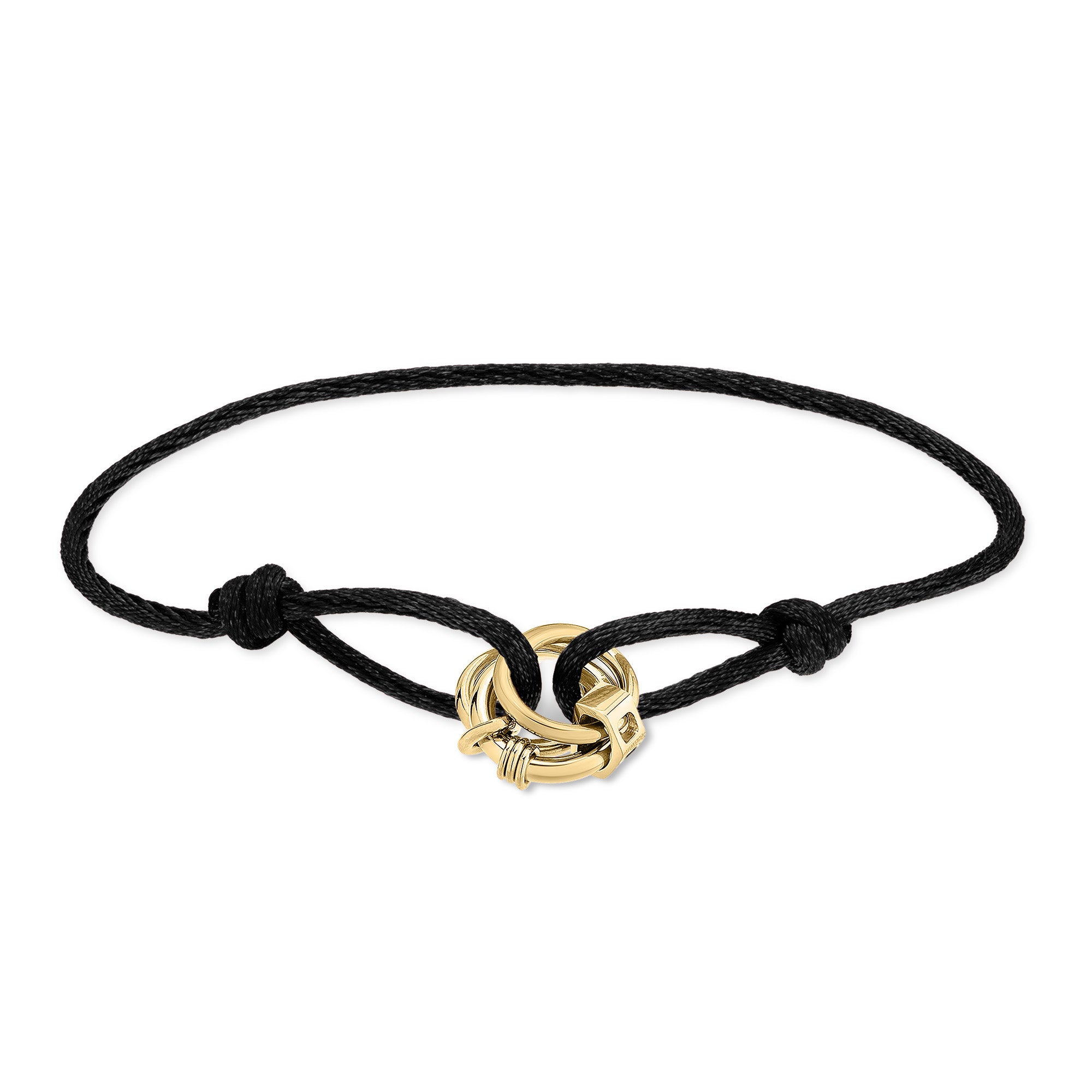 Das LIEBESKIND BERLIN Armband - Lora ist ein schwarzes Kordelarmband mit einem ineinandergreifenden goldenen Knoten in der Mitte von Liebeskind Berlin, der elegant auf einem weißen Hintergrund dargestellt ist.
