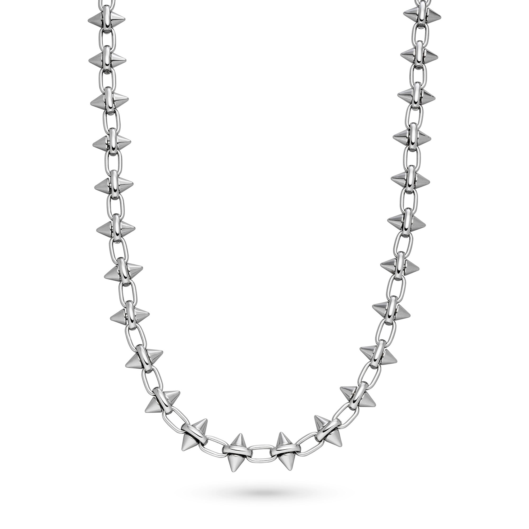 Die LIEBESKIND BERLIN Halskette - Spikes von Liebeskind Berlin ist eine silberne Kette mit gleichmäßig verteilten, spitzenförmigen Nieten, die sie zu einem auffälligen Statement vor weißem Hintergrund machen.