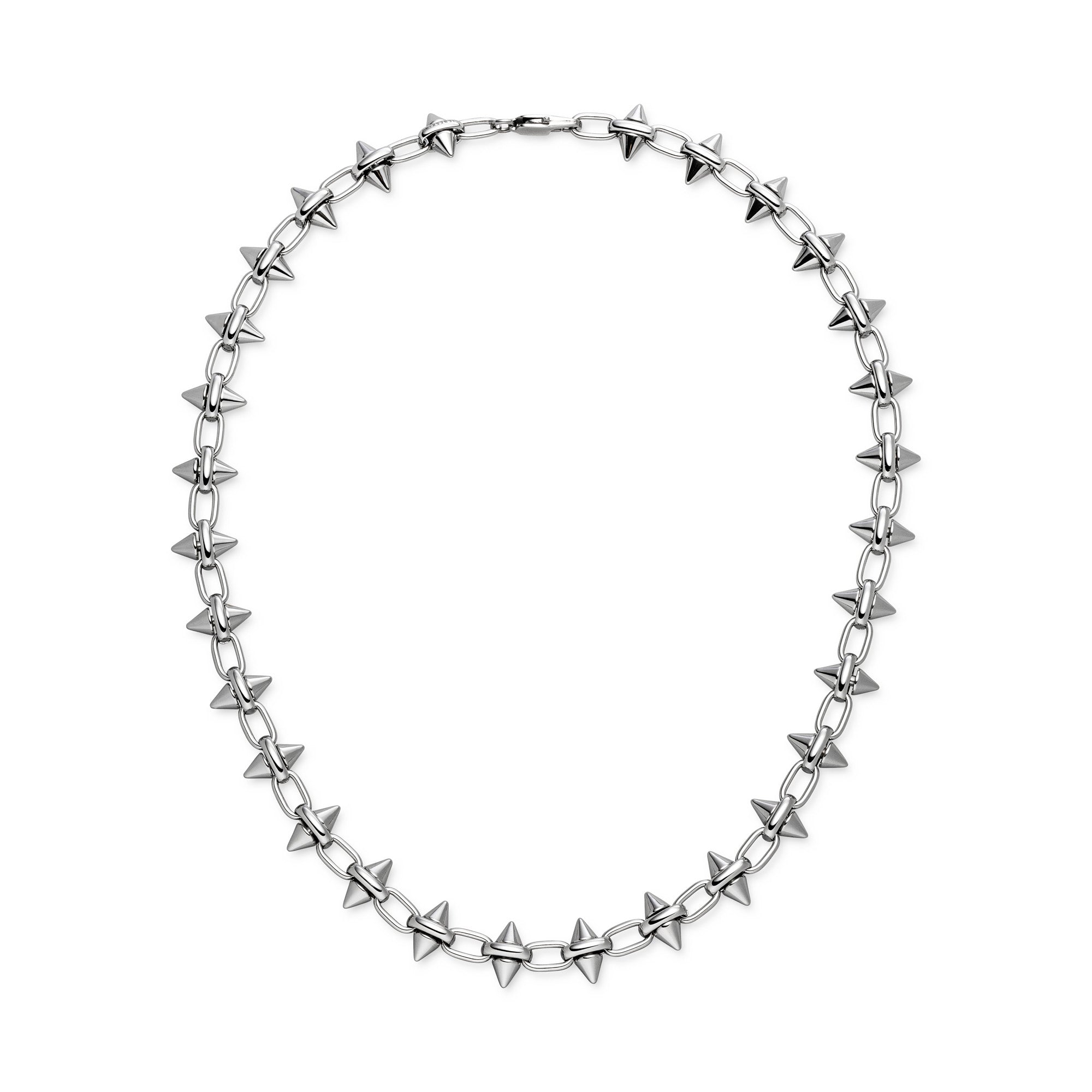 Die LIEBESKIND BERLIN Halskette - Spikes von Liebeskind Berlin ist eine silberne Halskette mit gleichmäßig verteilten, pyramidenförmigen Spikes, die sich perfekt als auffälliges Accessoire eignet und auf weißem Hintergrund gezeigt wird.