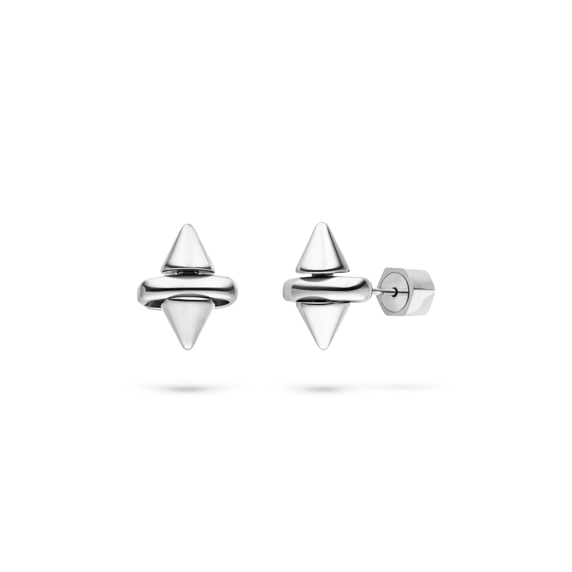 LIEBESKIND BERLIN Ohrstecker - Spikes von Liebeskind Berlin: Silberne Ohrstecker mit zwei aufeinander gestapelten Kegelformen in minimalistischem Design mit dezentem Spikes-Motiv auf weißem Hintergrund.