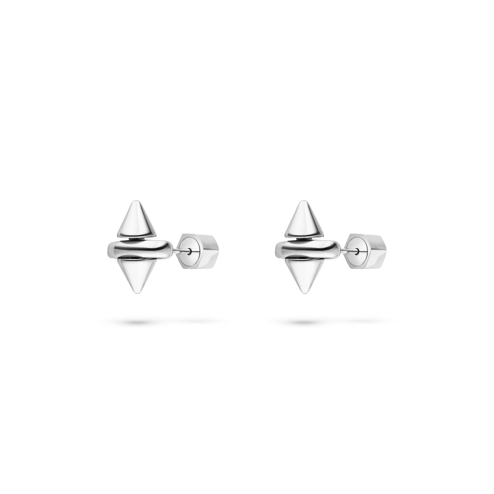 Die LIEBESKIND BERLIN Ohrstecker - Spikes von Liebeskind Berlin sind silberne Ohrstecker mit Doppelkegel-Design und sicherem Silikonverschluss, abgebildet auf weißem Hintergrund.