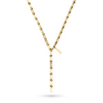 Die LIEBESKIND BERLIN Halskette - Urban Chic von Liebeskind Berlin besteht aus einer goldenen Y-förmigen Perlenkette mit zwei vertikalen Balkenanhängern auf weißem Grund - ein stilvolles Accessoire für jeden Anlass.