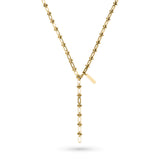 Die LIEBESKIND BERLIN Halskette - Urban Chic von Liebeskind Berlin besteht aus einer goldenen Y-förmigen Perlenkette mit zwei vertikalen Balkenanhängern auf weißem Grund - ein stilvolles Accessoire für jeden Anlass.