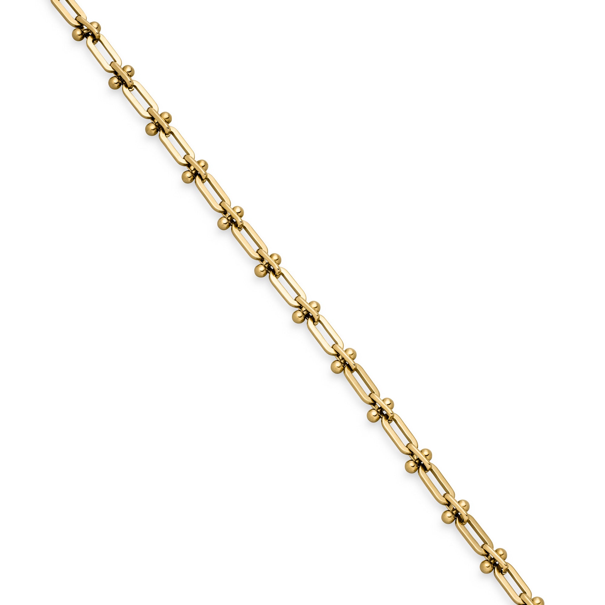 Die LIEBESKIND BERLIN Halskette - Urban Chic von Liebeskind Berlin besteht aus rechteckigen Gliedern mit runden Akzenten, die diagonal auf weißem Grund abgebildet sind - ideal zum Kombinieren mit Ihrer Lieblings-Damenkette oder Y-Kette für einen stilvollen Lageneffekt.