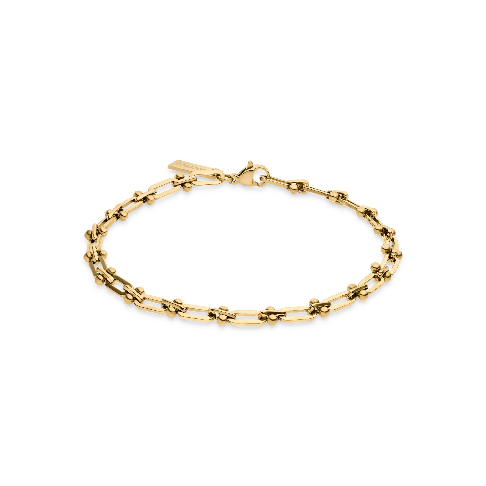 Das LIEBESKIND BERLIN Armband - Urban Chic von Liebeskind Berlin ist ein zartes goldenes Kettenarmband mit kleinen dekorativen Gliedern und einem Karabinerverschluss, abgebildet auf weißem Hintergrund.