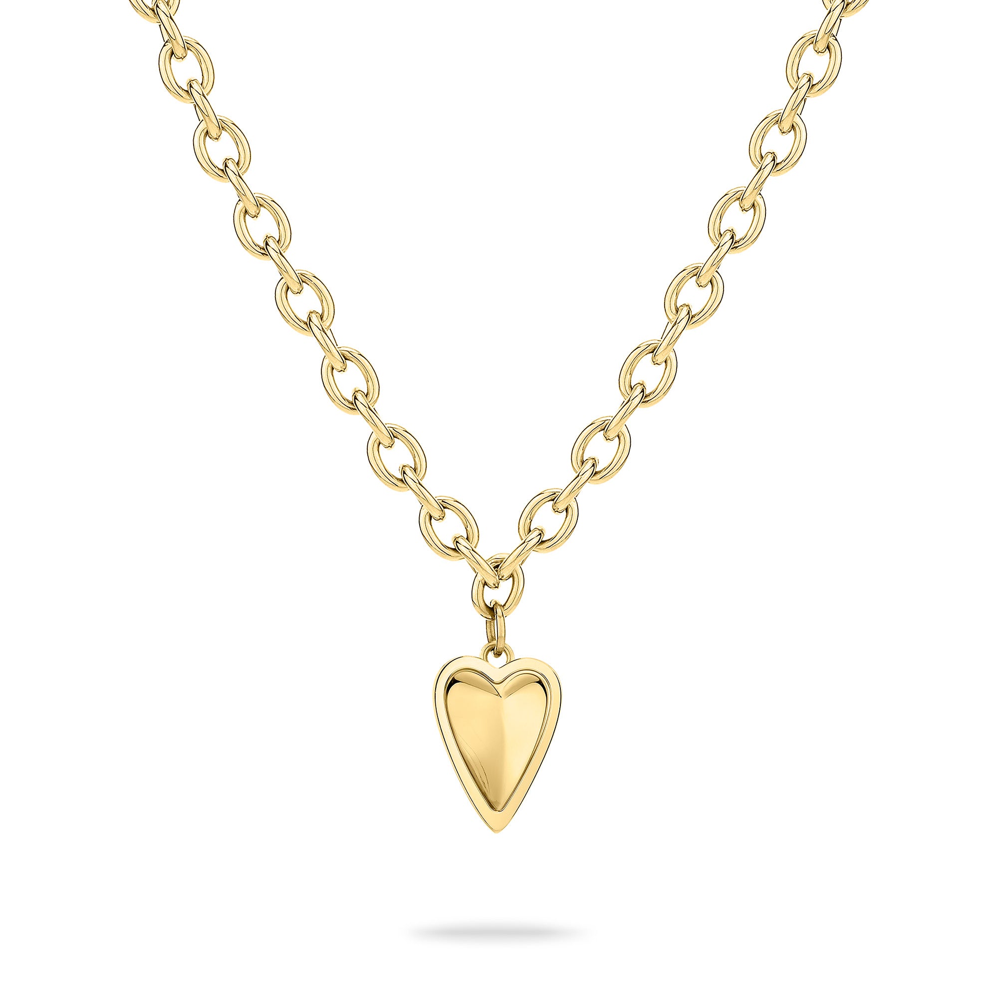 Die LIEBESKIND BERLIN Halskette - Metal Heart von Liebeskind Berlin ist eine goldene Kette mit einem glänzenden Herzanhänger auf weißem Grund - ein zeitloser Damen Schmuck.