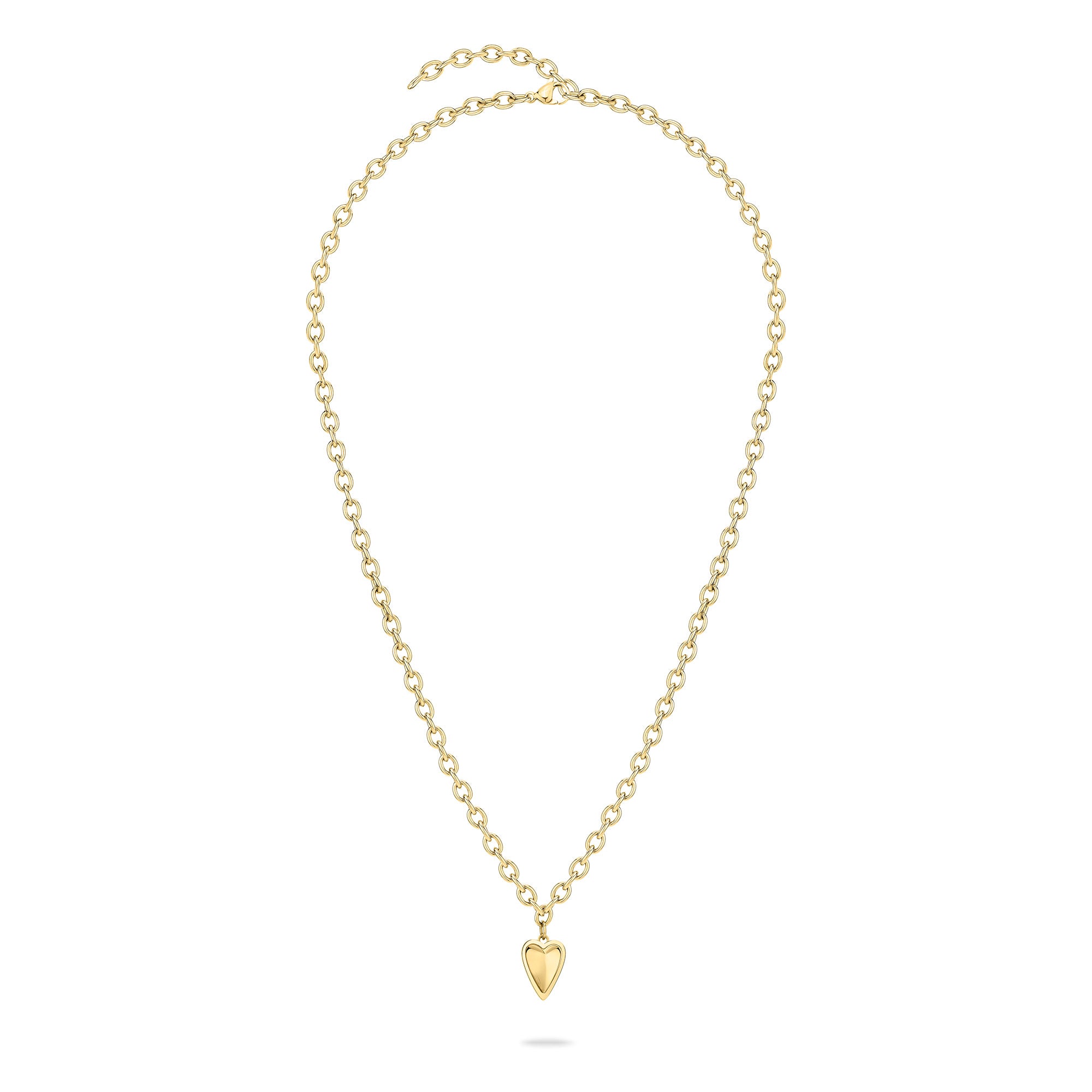 Goldfarbene Halskette mit einem kleinen Herzanhänger aus Metall, dargestellt auf weißem Hintergrund. Die Liebeskind Berlin Halskette - Metal Heart ist ein elegantes Damen Schmuckstück, ideal um jedem Outfit Romantik zu verleihen.
