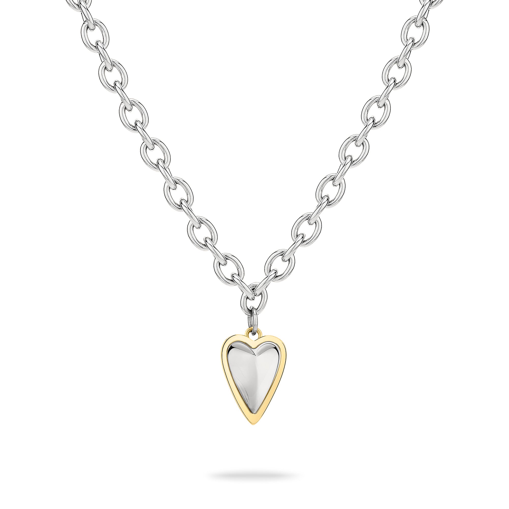 Liebeskind Berlin Halskette - Metal Heart: Silberne Damenkette mit herzförmigem Anhänger, goldfarben umrandet.