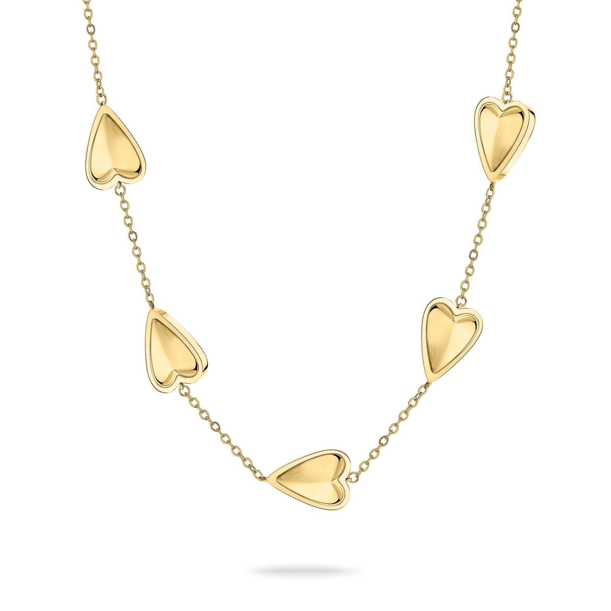 Goldene LIEBESKIND BERLIN Halskette - Metal Heart - mit fünf Herzanhängern, die gleichmäßig an einer zarten, verstellbaren Kette verteilt sind.