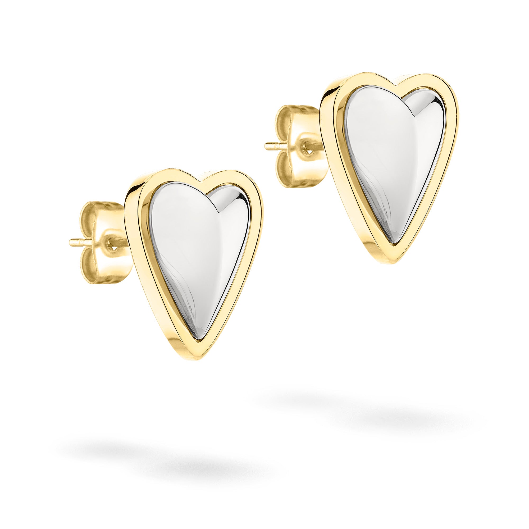 LIEBESKIND BERLIN Ohrstecker - Metal Heart von Liebeskind Berlin: Herzförmige Ohrstecker aus Gold und Silber in polierter Ausführung, die jedem Look einen eleganten Touch verleihen. Abgebildet auf weißem Hintergrund.