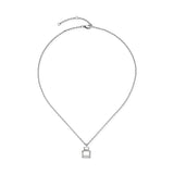 Die silberne LIEBESKIND BERLIN Halskette - Steel Diamond von Liebeskind Berlin zeigt einen kleinen, quadratischen Anhänger in Form eines Parfümflakons auf weißem Grund.